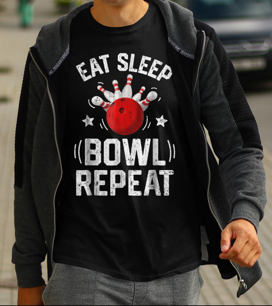 Eat Sleep Bowl Repeat Bowling Pins Stars Bowling Ball T-Shirt