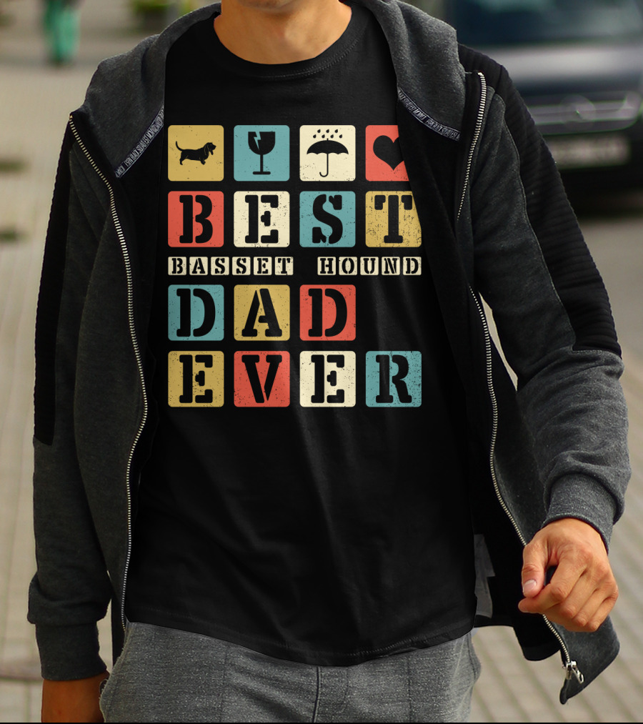 Best Basset Hound Dad Ever Vintage Style76 Retro Blocks T-Shirt