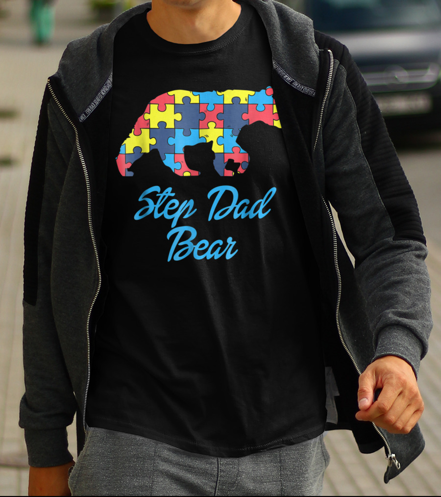 Step Dad Bear Autism Awareness Puzzle T-Shirt