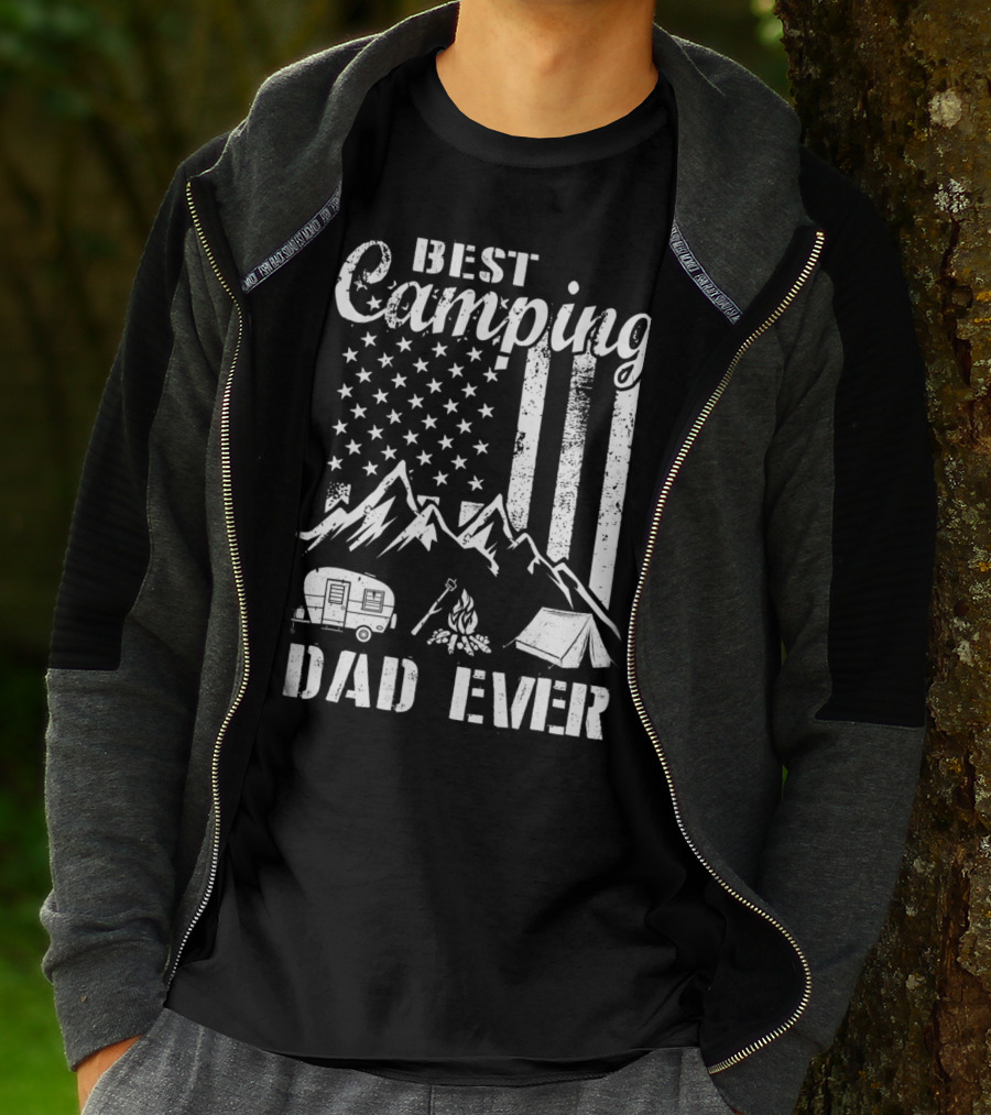 Best Camping Dad Ever American Flag Mountains Campfire Tent And Camper T-Shirt