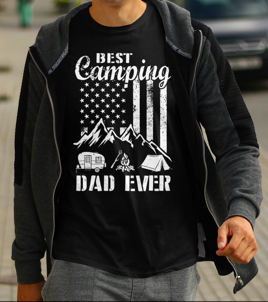 Best Camping Dad Ever American Flag Mountains Campfire Tent And Camper T-Shirt