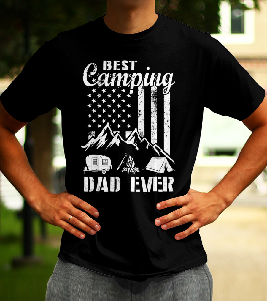 Best Camping Dad Ever American Flag Mountains Campfire Tent And Camper T-Shirt