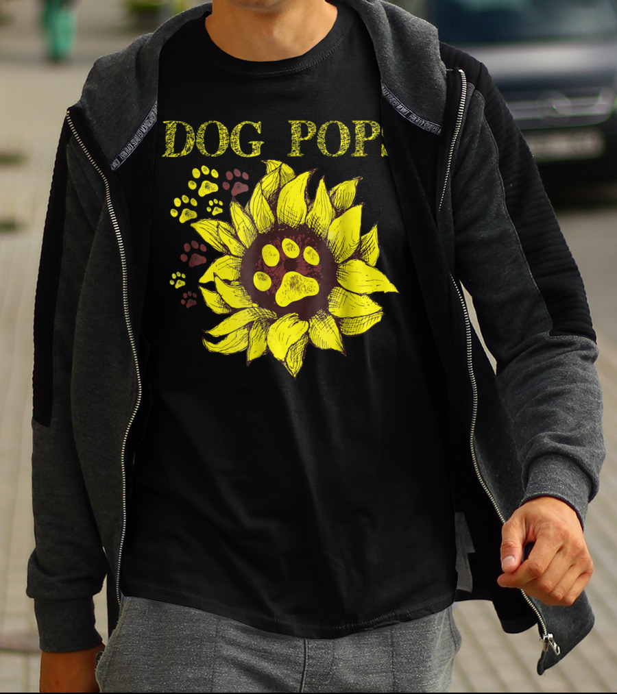 Dog Pops Sunflower Paw Prints Dog Dad T-Shirt
