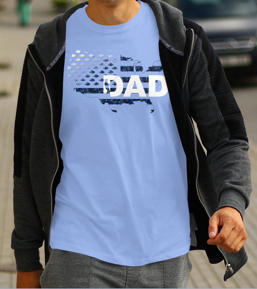 Dad Camouflage Flag Map USA Fish T-Shirt