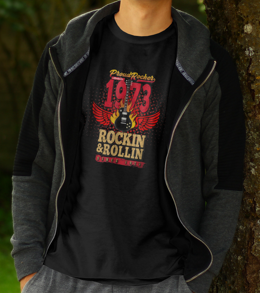 Proud Rocker 1973 Made In Rockin And Rollin Since 1973 Flaming Wing Guitar Dad T-Shirt