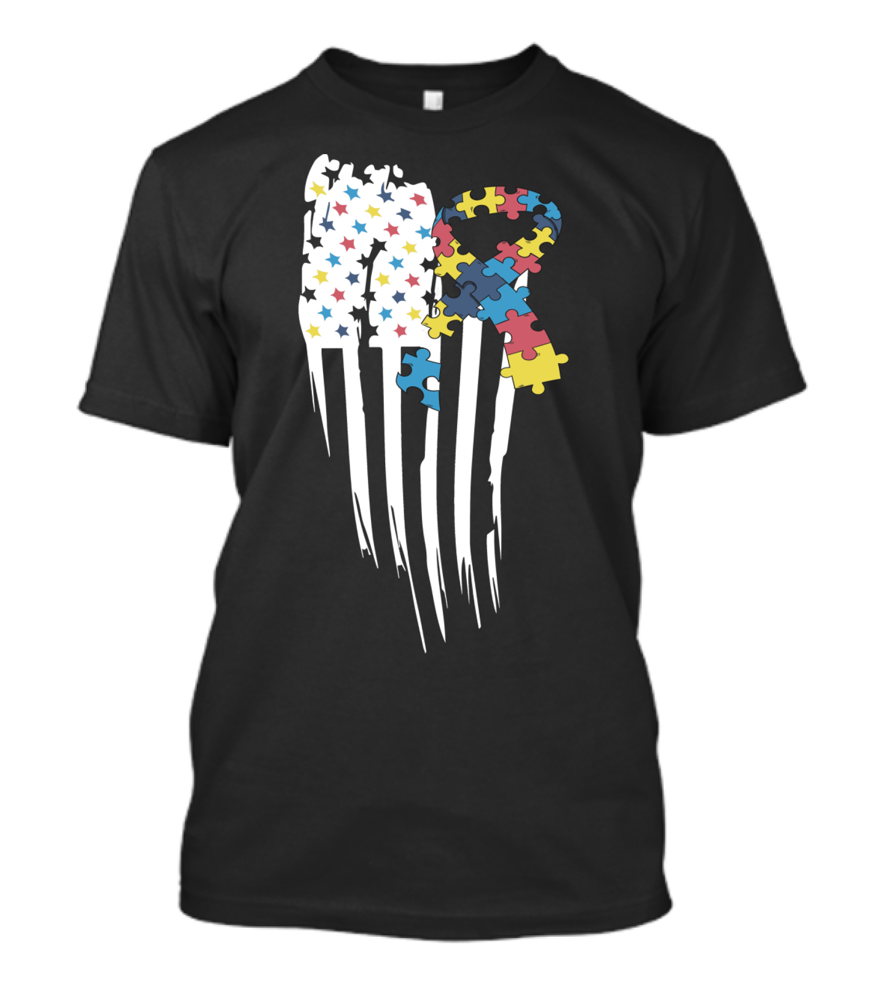 Autism Awareness Month Stars And Stripes Puzzle Ribbon Flag T-Shirt