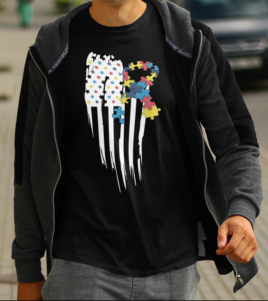 Autism Awareness Month Stars And Stripes Puzzle Ribbon Flag T-Shirt