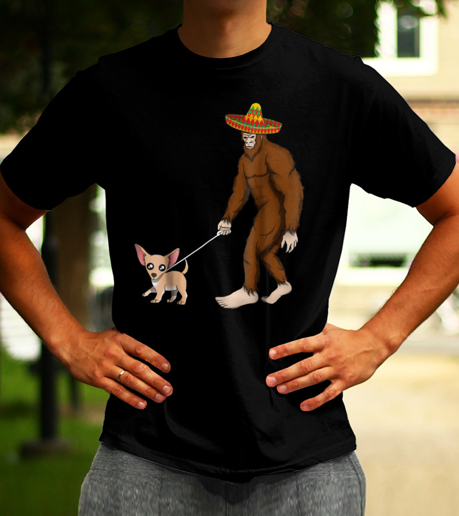 Bigfoot Sombrero Walking Chihuahua Cinco De Mayo T-Shirt