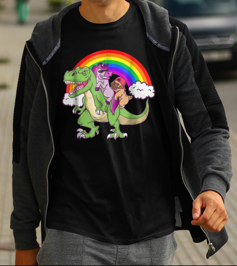 Dinosaur Unicorn Pug Dog Lovers Rainbow Adventure T-Shirt