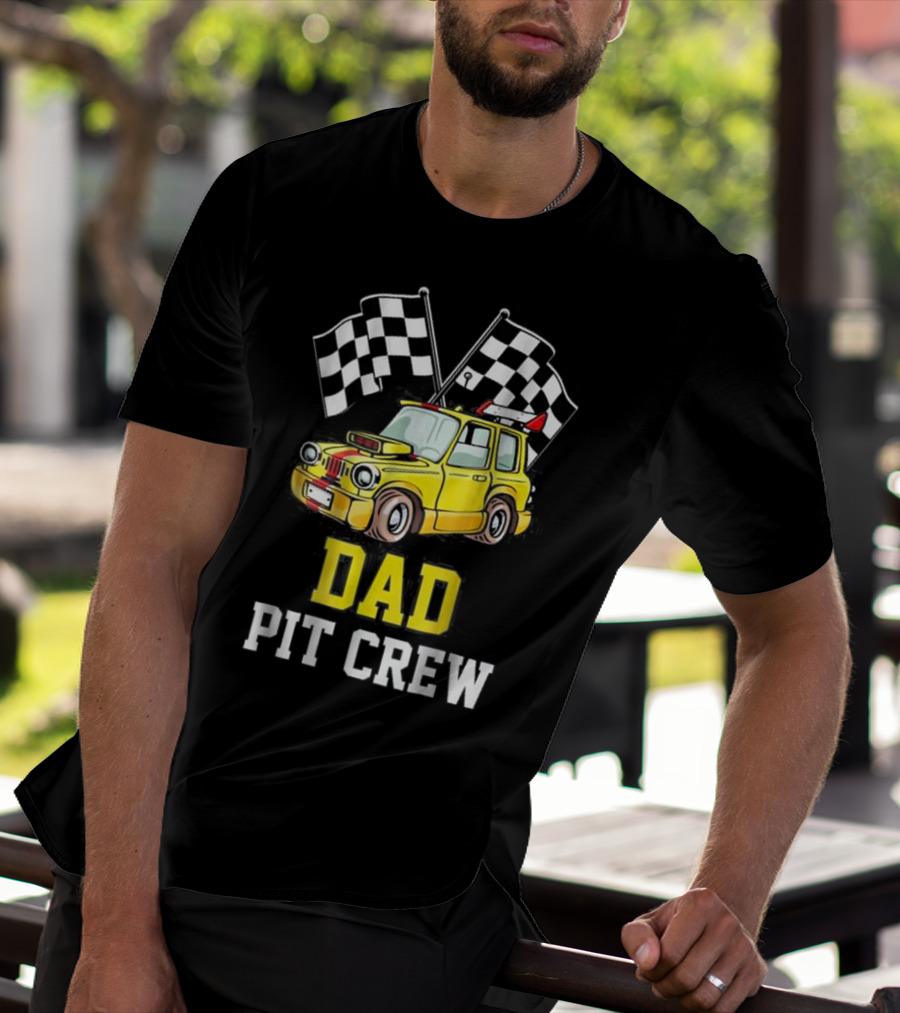 Dad Pit Crew Racing Yellow Car Checkered Flags T-Shirt