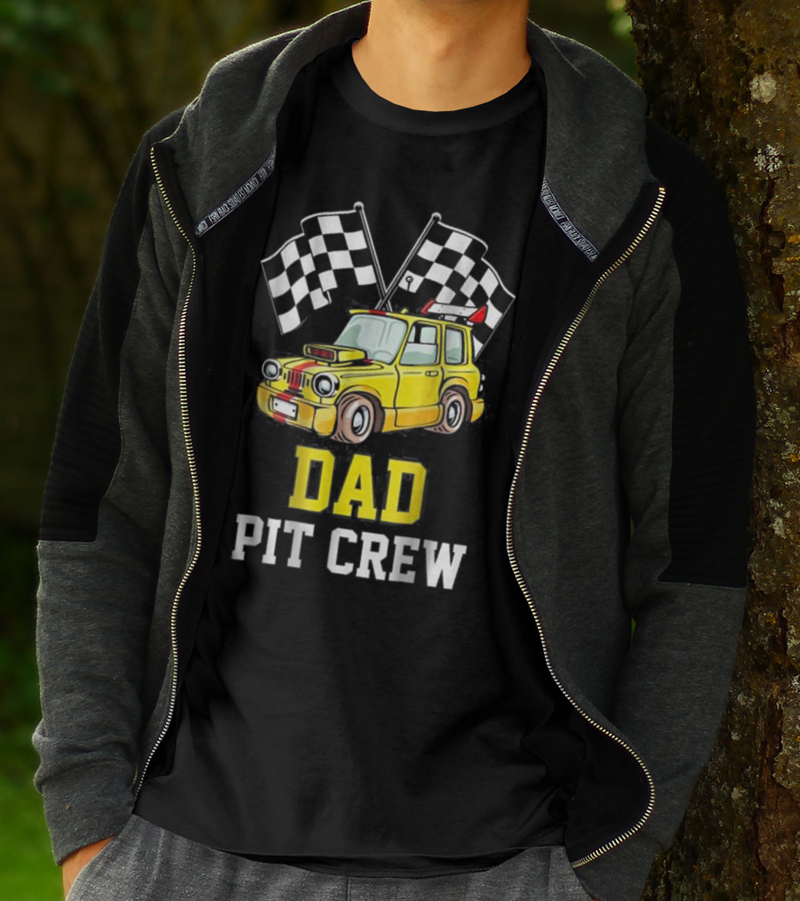 Dad Pit Crew Racing Yellow Car Checkered Flags T-Shirt