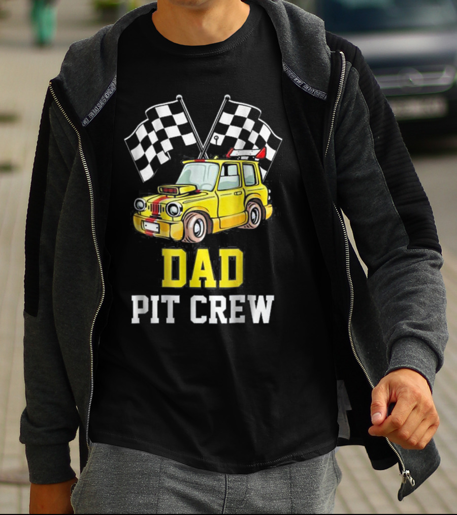 Dad Pit Crew Racing Yellow Car Checkered Flags T-Shirt