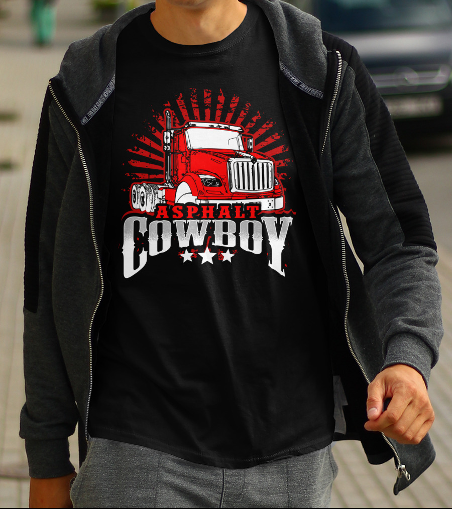 Asphalt Cowboy Red Truck Driver Dad Humor T-Shirt