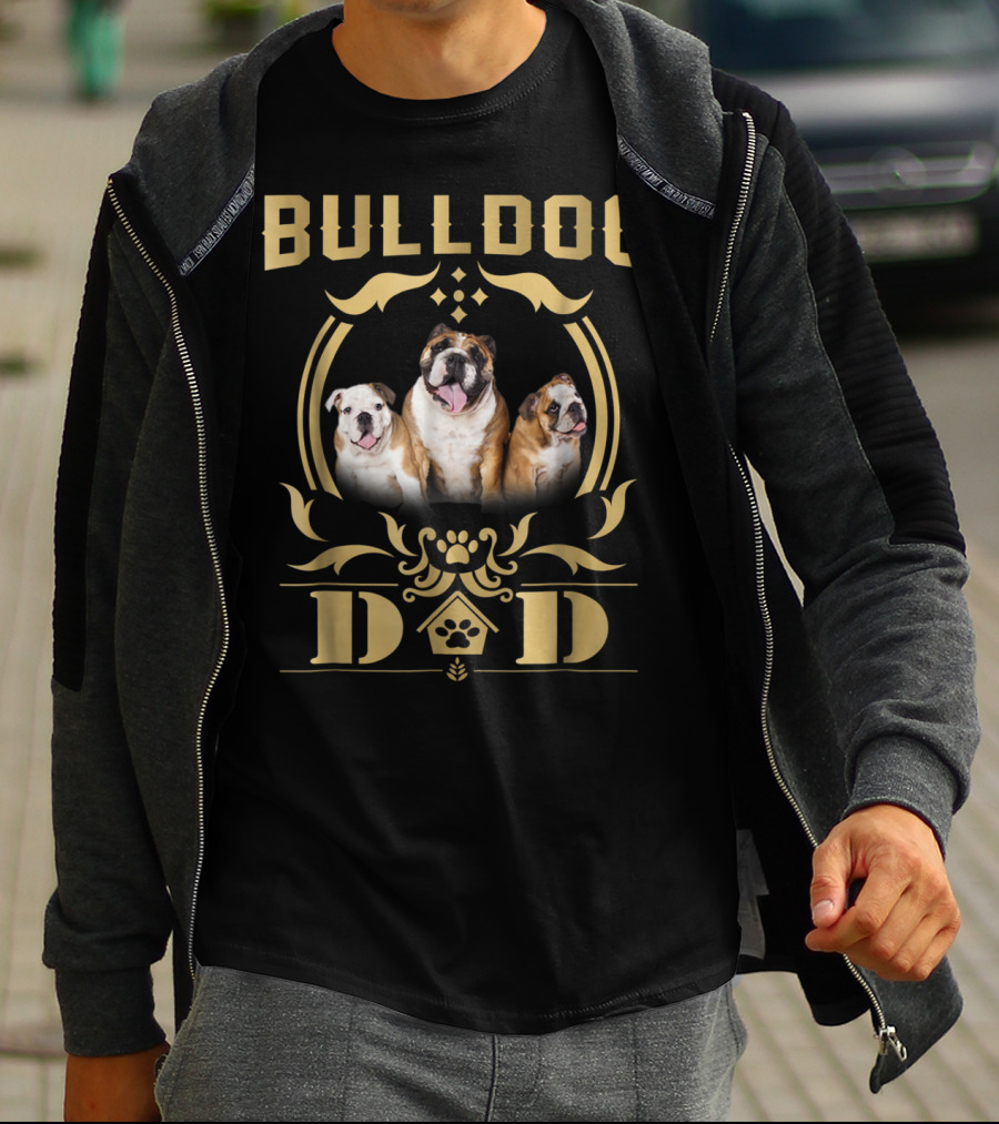 Bulldog Dad Trio With Paw Print Embellishments T-Shirt
