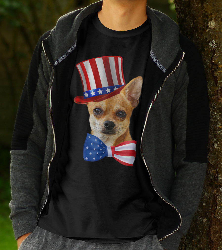 Chihuahua Uncle Sam Hat And Bowtie American Flag T-Shirt