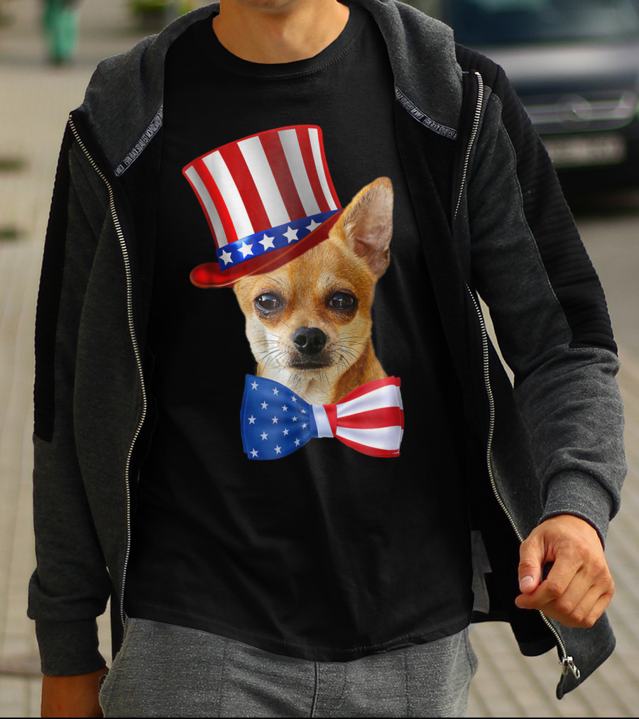 Chihuahua Uncle Sam Hat And Bowtie American Flag T-Shirt