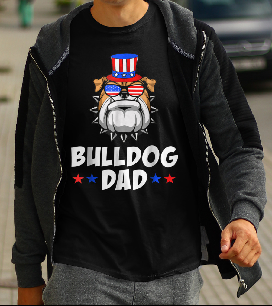 Bulldog Dad USA Flag Sunglasses American Patriotic Top Hat T-Shirt