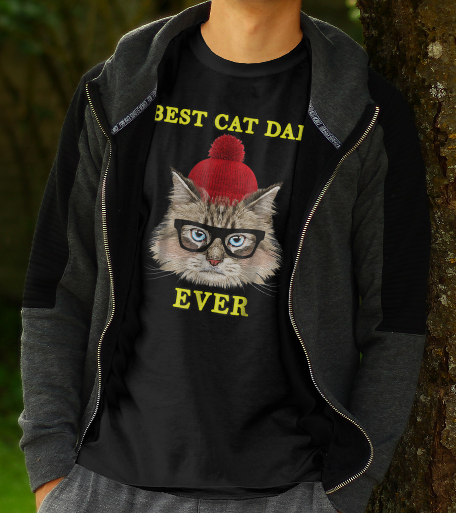 Best Cat Dad Ever Funny Pictoplast91 Red Beanie Glasses Cat T-Shirt