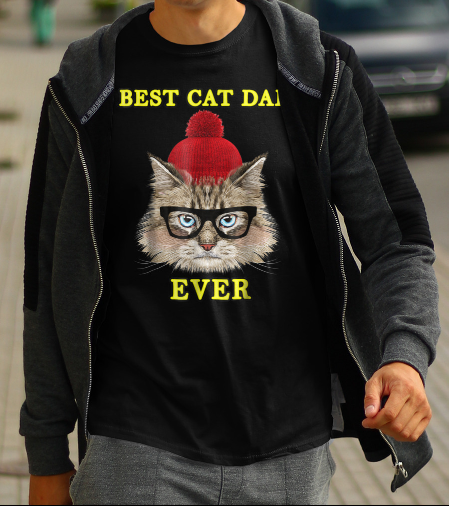Best Cat Dad Ever Funny Pictoplast91 Red Beanie Glasses Cat T-Shirt
