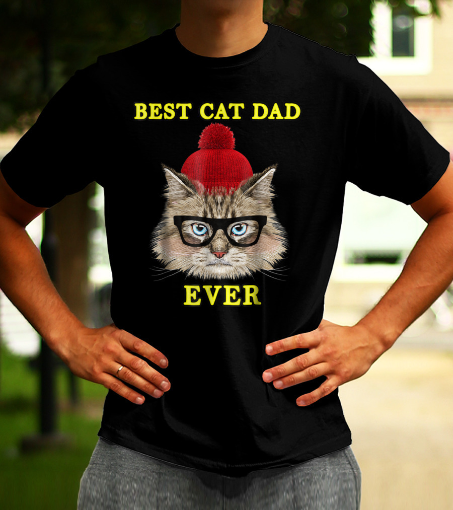 Best Cat Dad Ever Funny Pictoplast91 Red Beanie Glasses Cat T-Shirt