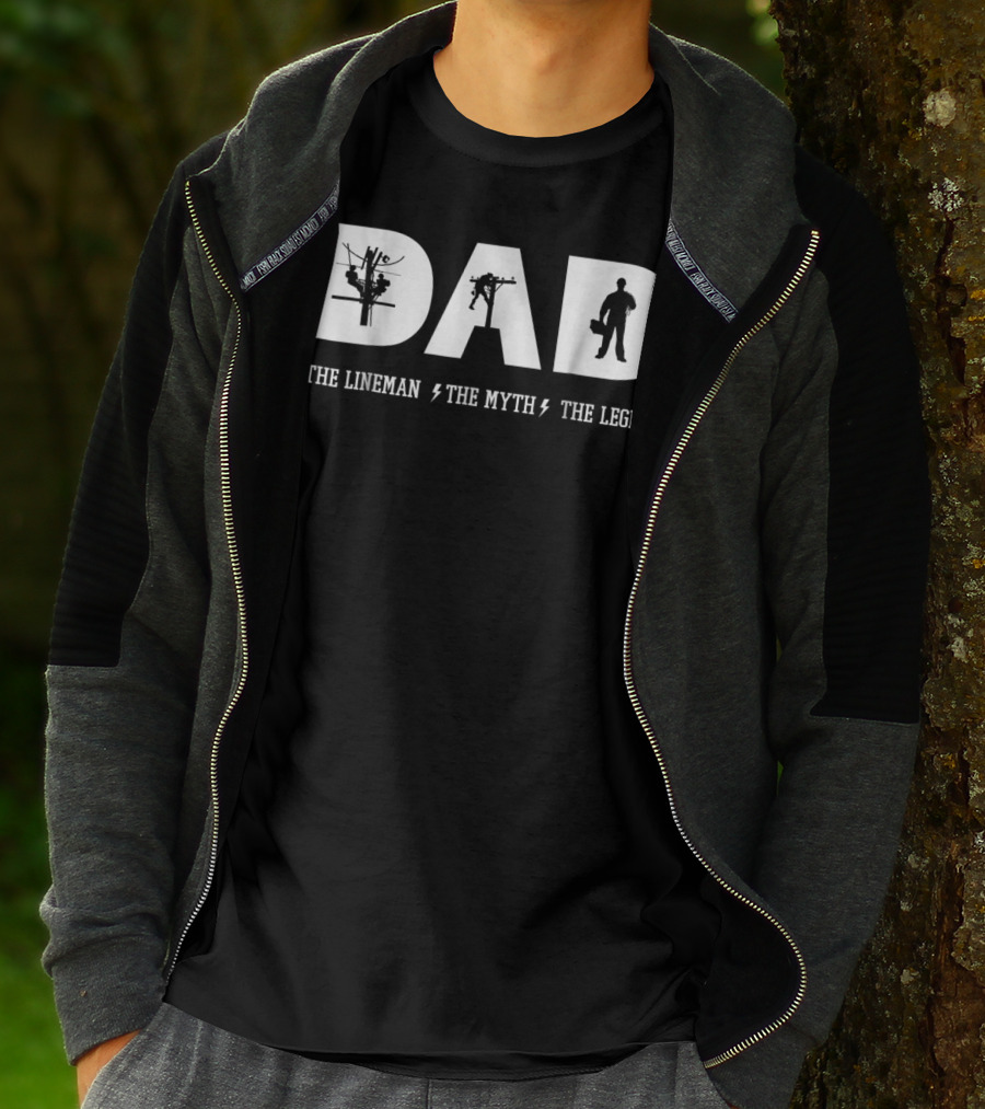 Dad The Lineman The Myth The Legend With Silhouettes And Lightning Bolts T-Shirt