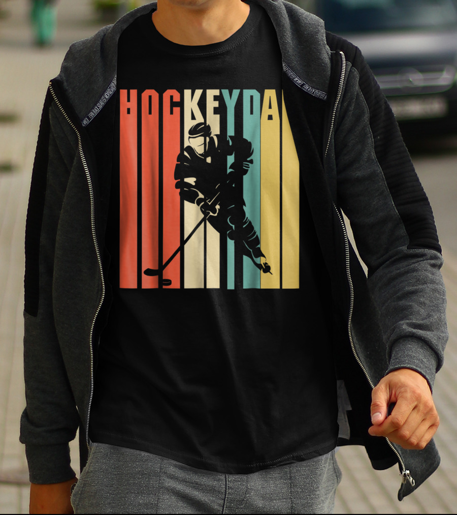Classic Vintage Hockey Dad Player Silhouette Retro Stripes T-Shirt