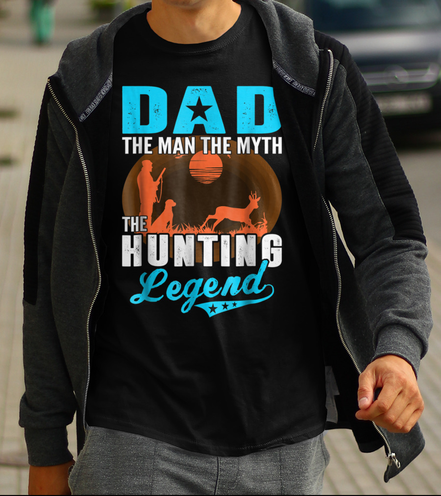 Dad The Man The Myth The Hunting Legend With Hunter Dog Deer And Sunset T-Shirt