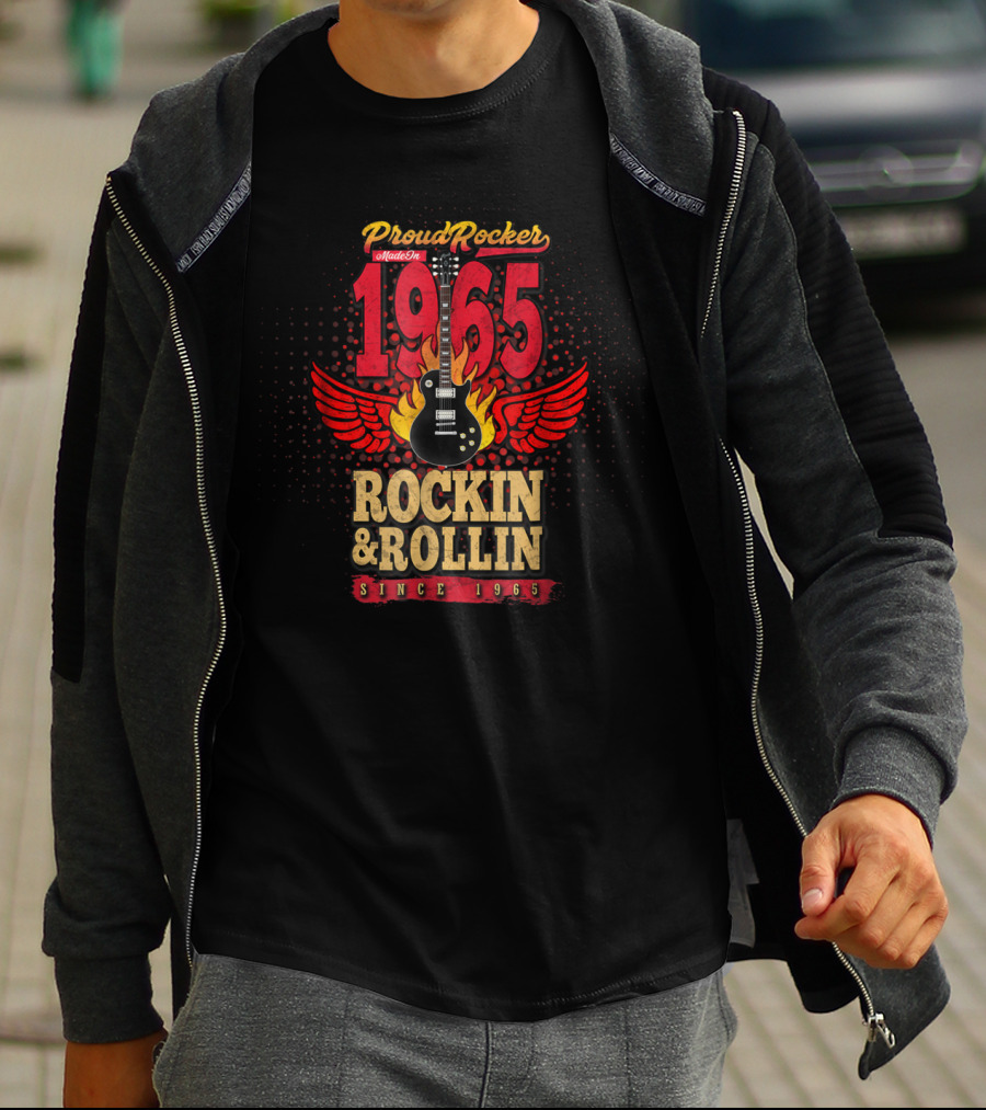 Proud Rocker Made In 1965 Rockin And Rollin Since 1965 Flaming Wing Guitar T-Shirt