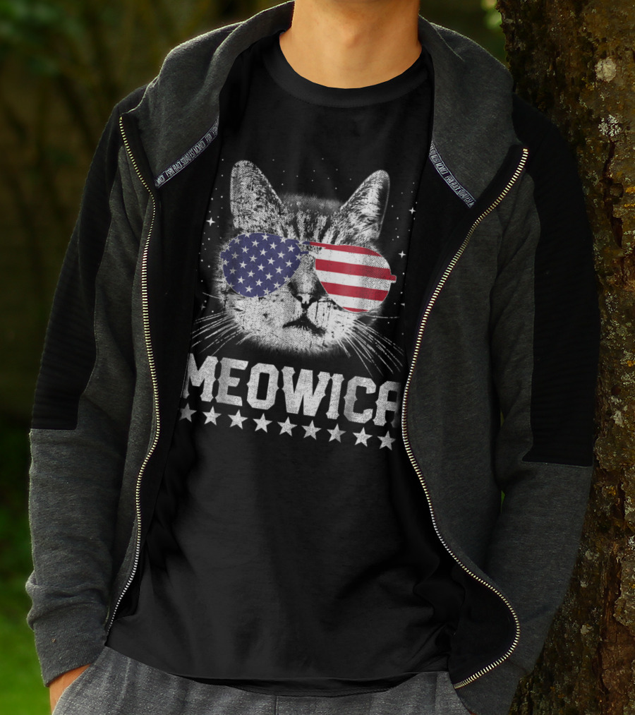 MEOWICA American Flag Cat With USA Sunglasses Stars T-Shirt