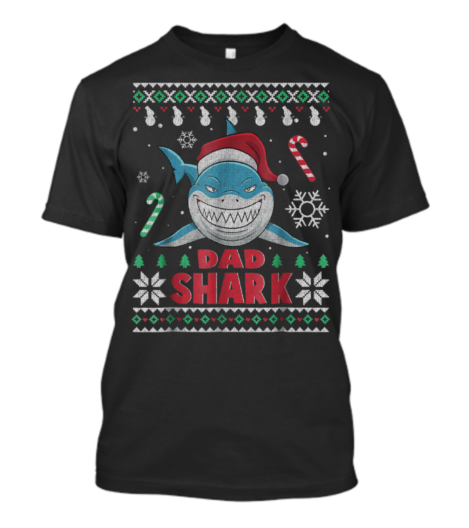 Dad Shark Ugly Christmas Sweater Santa Hat Candy Canes Snowflakes T-Shirt