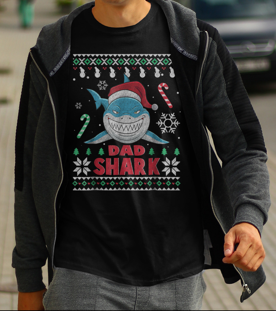 Dad Shark Ugly Christmas Sweater Santa Hat Candy Canes Snowflakes T-Shirt
