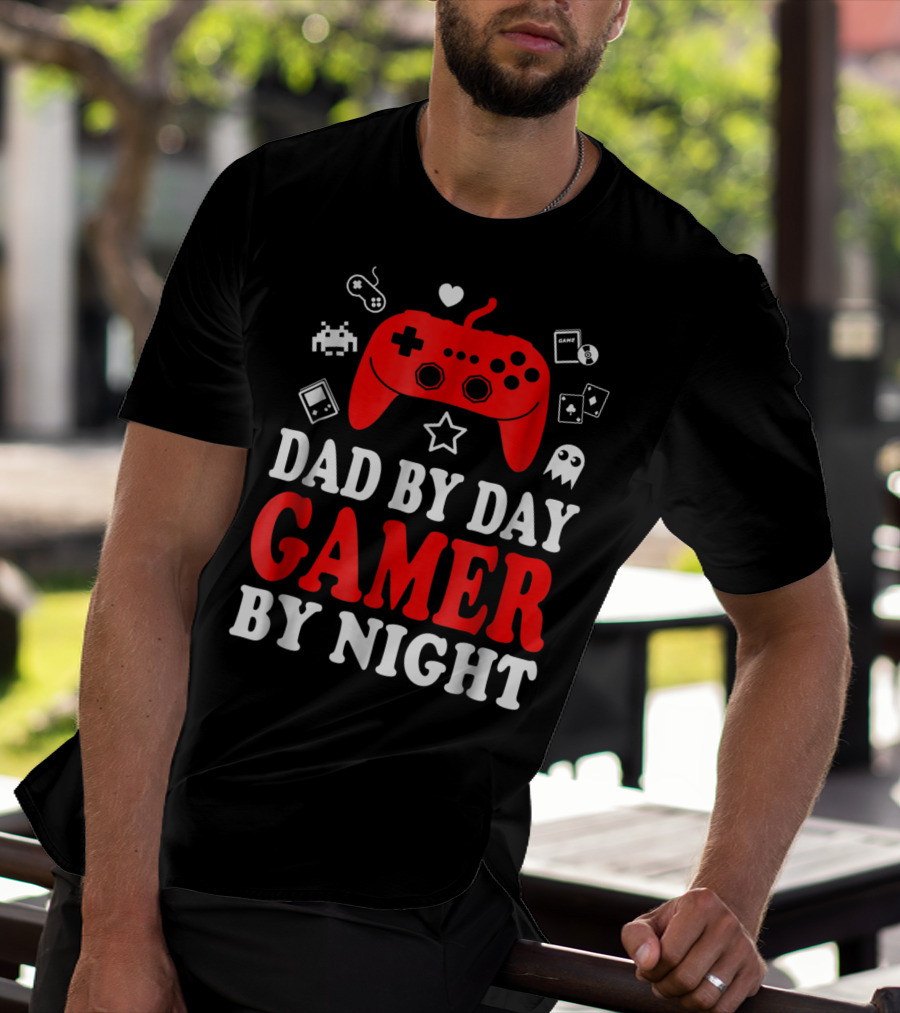 Dad By Day Gamer By Night Retro Controller And Icons T-Shirt