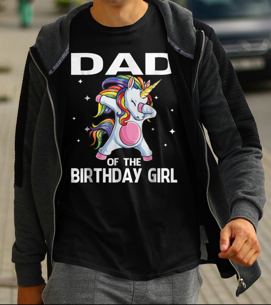 Dad Of The Birthday Girl Funny Unicorn Dabbing With Rainbow Mane T-Shirt