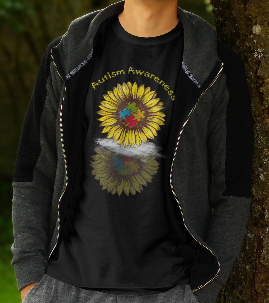 Autism Awareness Sunflower With Puzzle Piece Reflection In Water T-Shirt