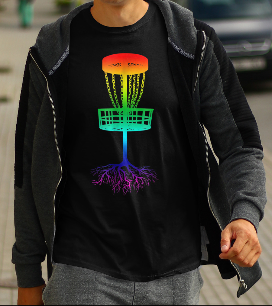 Rainbow Disc Golf Basket With Vibrant Roots T-Shirt