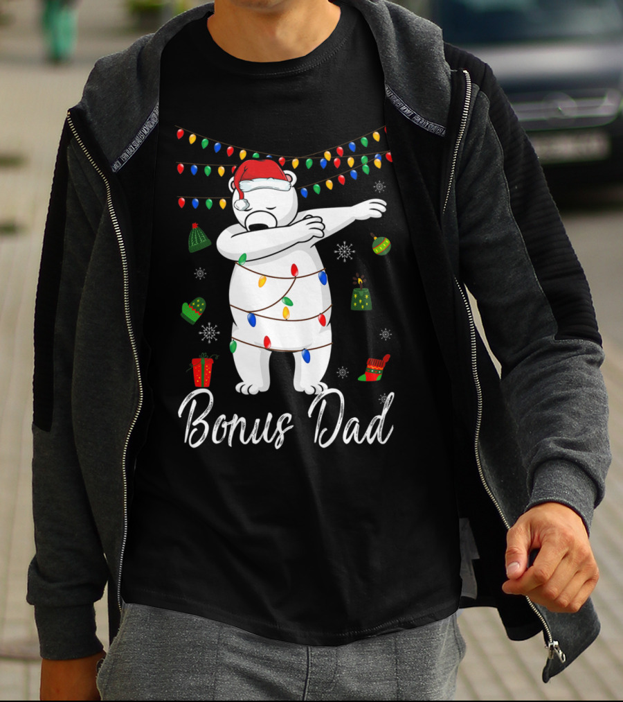 Bonus Dad Bear Christmas Lights Santa Hat Dabbing T-Shirt