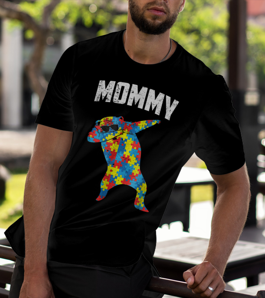 Autism Puzzle Bear Dabbing Mommy Glasses T-Shirt