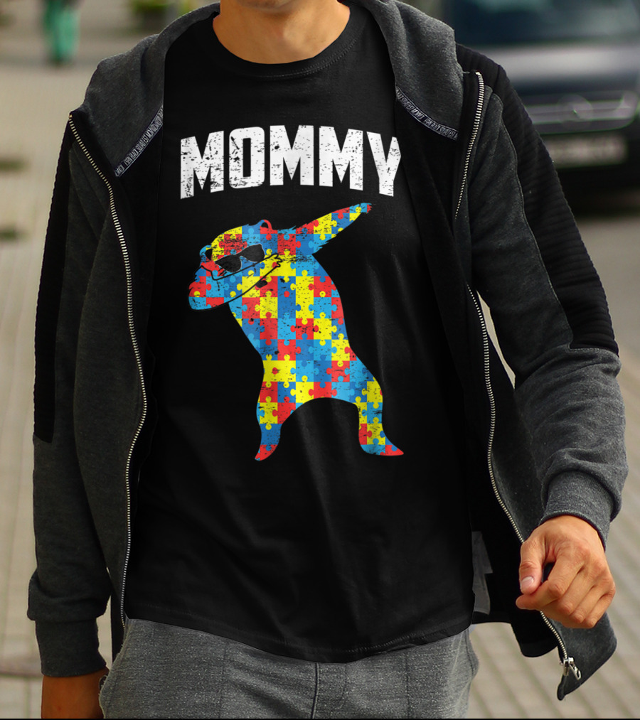Autism Puzzle Bear Dabbing Mommy Glasses T-Shirt