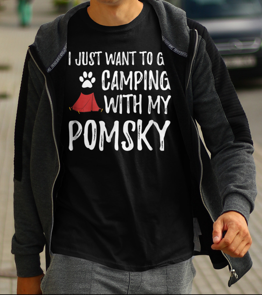 I Just Want To Go Camping With My Pomsky Paw Print Red Tent Fun Dog Mom Dad T-Shirt