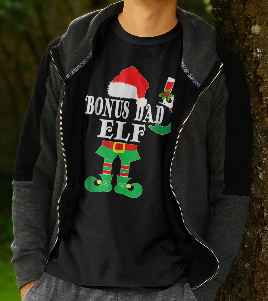 BONUS DAD ELF Christmas Santa Hat With Festive Drink And Elf Costume T-Shirt