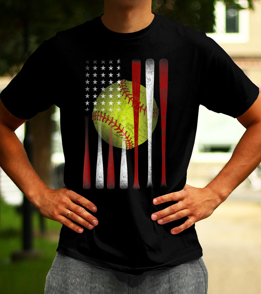 American Flag Softball Vintage Distressed US Flag Bat T-Shirt