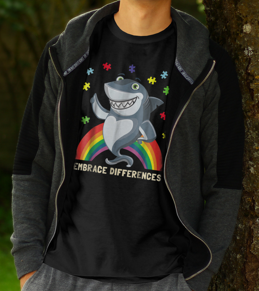 Embrace Differences Autism Awareness Kids Dad Shark Puzzle Piece Rainbow T-Shirt