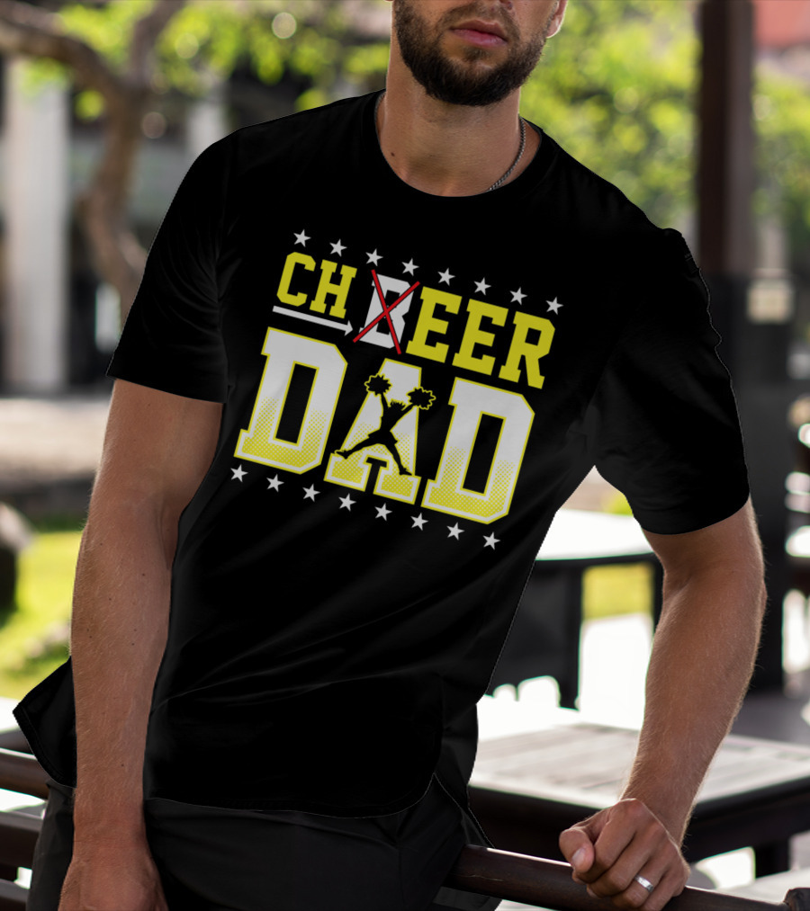 Cheer Dad Beer Dad Bold Text Stars Pom-Pom T-Shirt
