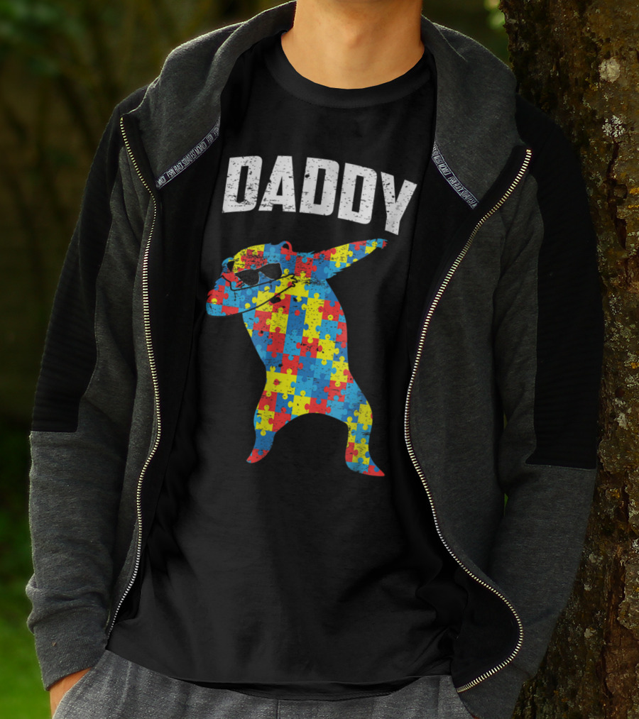 Daddy Bear Autism Puzzle Pattern Dabbing Glasses T-Shirt