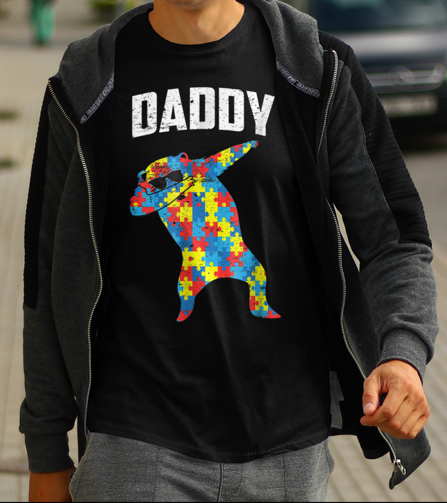 Daddy Bear Autism Puzzle Pattern Dabbing Glasses T-Shirt