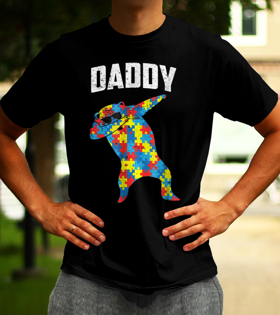 Daddy Bear Autism Puzzle Pattern Dabbing Glasses T-Shirt