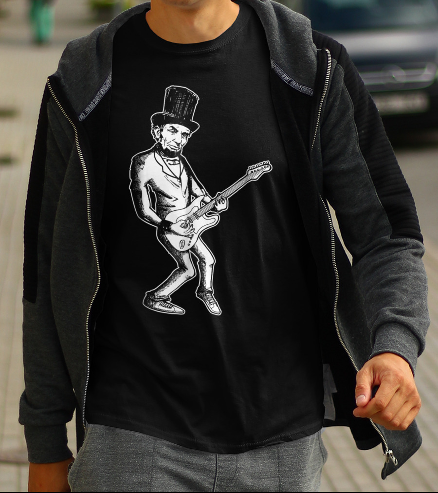 Abraham Lincoln Guitar Dad Rock Star With Top Hat And Electric Guitar T-Shirt
