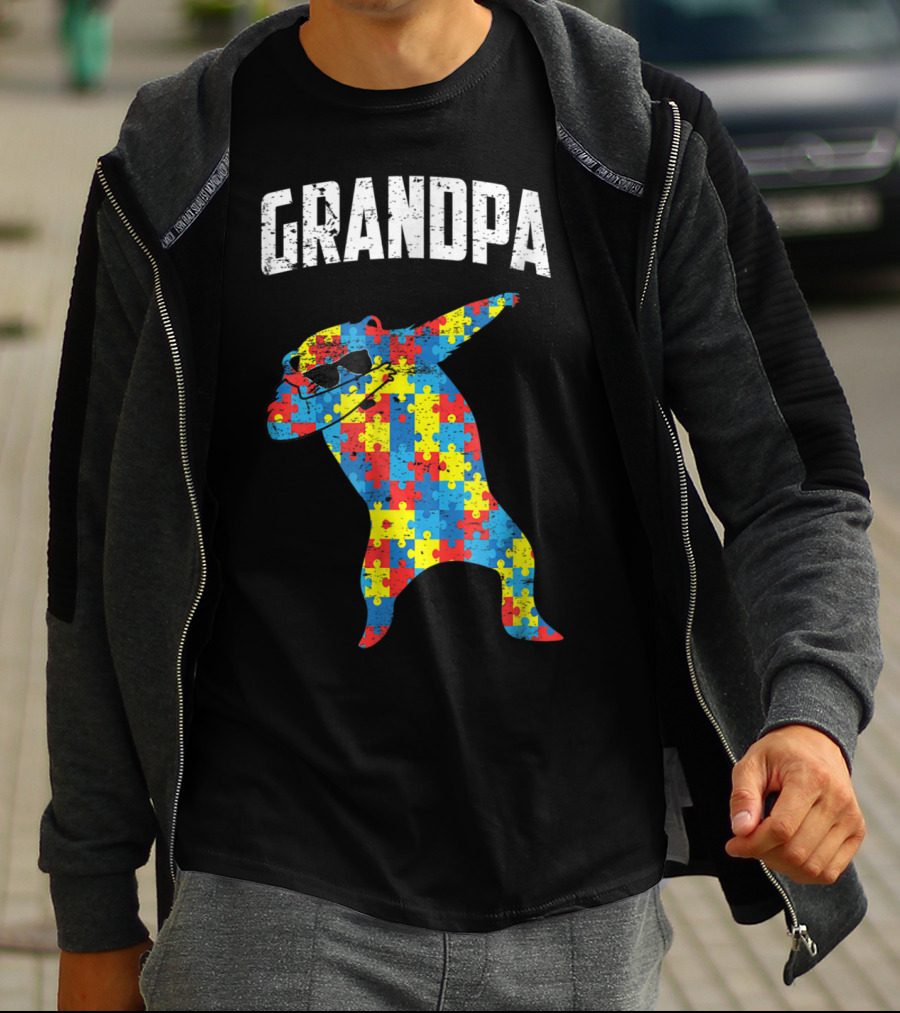 Grandpa Autism Bear Dabbing Puzzle Glasses T-Shirt