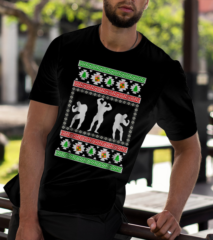 Bodybuilding Christmas Silhouette Trees And Gifts T-Shirt