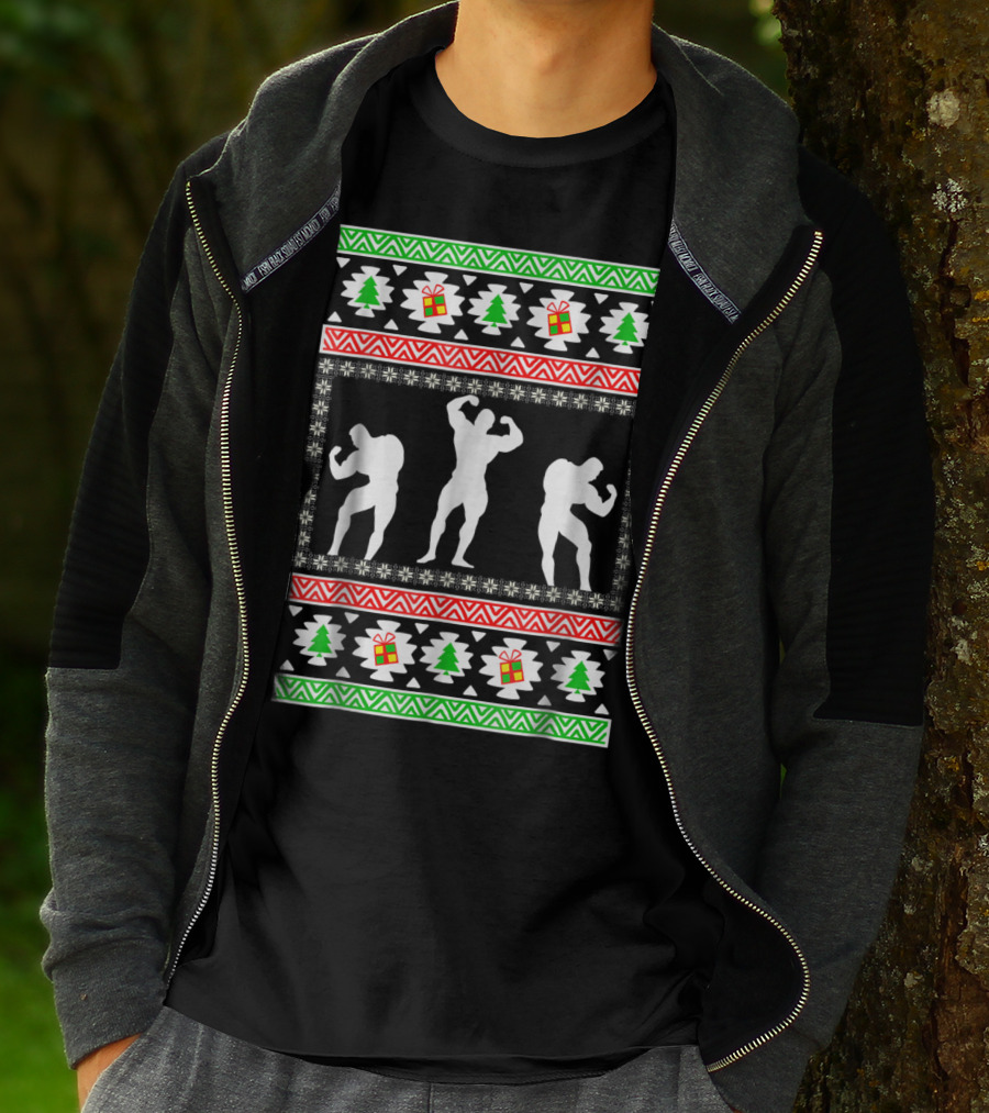 Bodybuilding Christmas Silhouette Trees And Gifts T-Shirt
